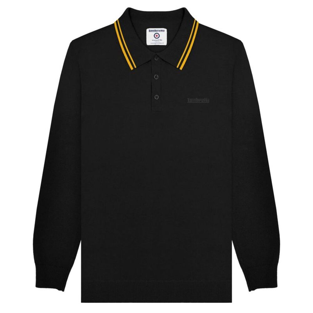 Lambretta Mens Knitted Tipped Long-Sleeved Polo Shirt / Black/Gold
